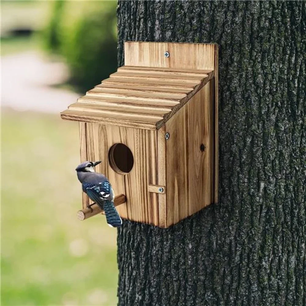 Wood Bird Houses for Outside with Pole Wooden Bird House for Finch Bluebird